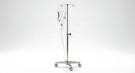 Hospital IV drip stand with clear fluid bag and tubing, medical equipment essential for patient care