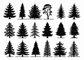 Fototapeta premium Assortment of Black Evergreen Tree Silhouettes on White Background trees nature