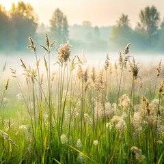 Tall blades of grass and wildflowers sway gently in the morning mist, bathed in soft golden sunlight