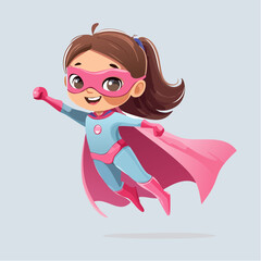 The Flying Heroine: A young, empowered superhero, soaring through the air with unwavering confidence, embodying courage and a spirit of determination, set against a simple, uncluttered background. 
