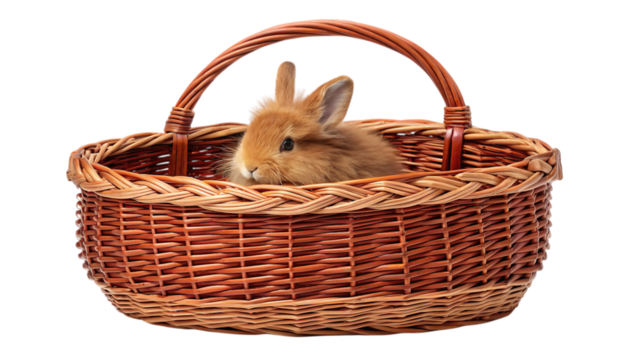 Adorable fluffy bunny nestled comfortably in a woven basket, perfect for Easter or spring themes