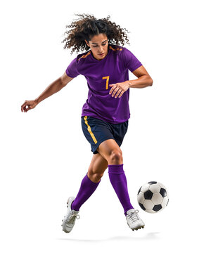 Pro female soccer player in purple kit dribbling a ball on isolated background