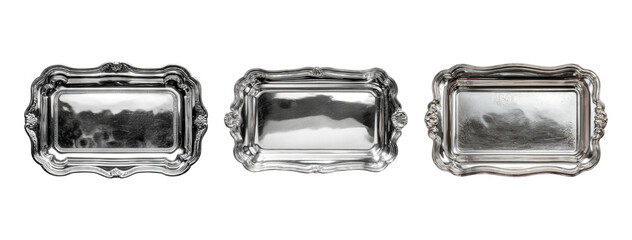 Three Vintage Silver Serving Trays on Transparent Background