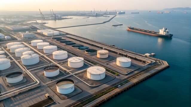 Aerial view of the Port of Barcelona with ships and city skyline by the sea