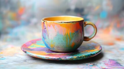 Fototapeta premium Colorful ceramic coffee cup on a vibrant background brings a cheerful ambiance to morning routines