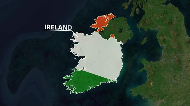 Zoom from Earth to Ireland. (Country Flag) World map animation with highlighted country borders. Satellite 3d world map animation highlights aerial views, tourism, and travel. 4k