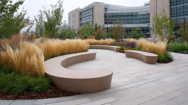 Serene outdoor space with curving stone benches amidst ornamental grasses, creating a peaceful urban oasis next to a modern building.