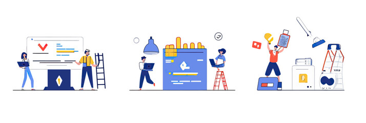 Software development teamwork with diverse programmers coding debugging and testing on computers in flat minimalist style vector illustration