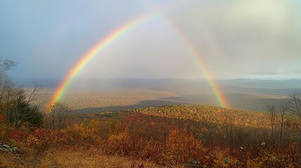 Fototapeta premium Double rainbow brightens a serene valley landscape amid autumn colors after rainfall