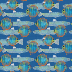 abstract seamless pattern with fishes on dark blue background 
