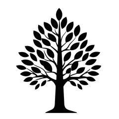 Fototapeta premium Black silhouette of tree with abundant leaves in minimalist flat vector style isolated on white background for nature and environment concept design illustration