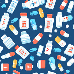 Seamless pattern of colorful prescription pill bottles and capsules scattered on dark blue background in flat minimalist vector style medical pharmacy concept
