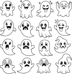 Fototapeta premium Collection of cartoon ghost characters with various emotions black and white halloween illustration