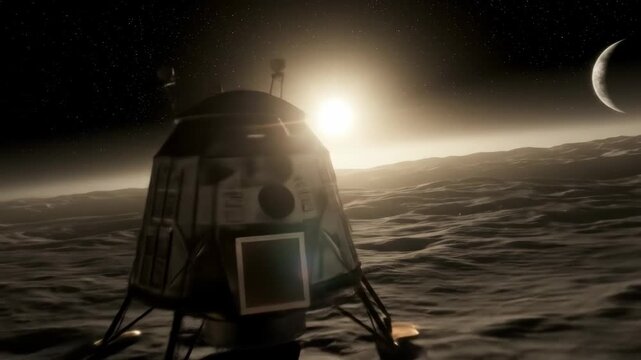 Lunar Landing at Dawn - This stunning video captures a lunar lander silhouetted against a dramatic sunrise on an alien surface.