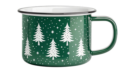 Festive Christmas mug with evergreen trees and snowflakes, perfect for winter holiday season