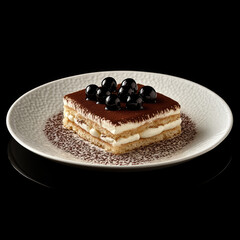 A black pearls topping cake on the plate