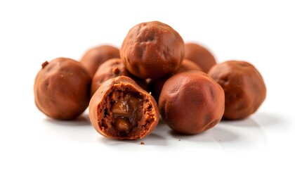 Obraz premium Close-Up of Delicious Chocolate Truffles with Gooey Interiors on White Background