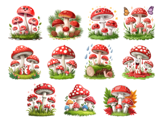 Cartoon mushrooms with red caps and white spots are arranged nicely on transparent background