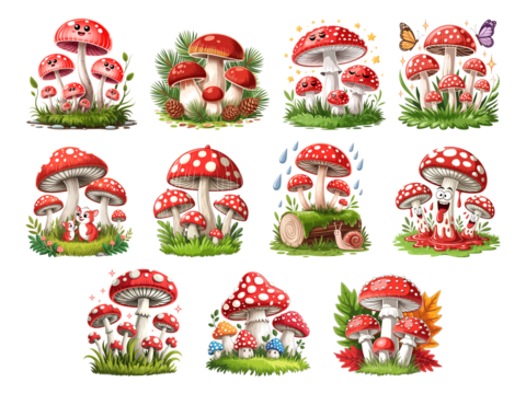 Cartoon mushrooms with red caps and white spots are arranged nicely on transparent background