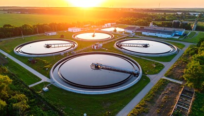 Aerial view of a wastewater treatment plant at sunrise (2)