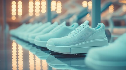 Clean sneakers lined up for energetic aerobics class in a modern fitness studio