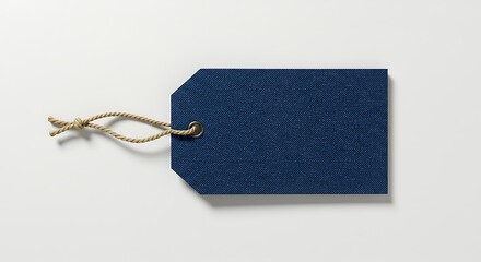 Dark Blue Fabric Tag with Rope Loop on White Surface