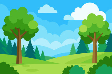 Obraz premium Vibrant green landscape with trees and rolling hills under a blue sky