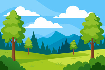 Obraz premium Vibrant green landscape with trees and mountains under a cloudy sky