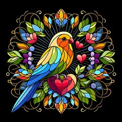 Naklejka premium 모란앵무, 스테인드 글라스 기법 일러스트, jpeg (Lovebird, Stained Glass Techniques Design Illustration, jpeg)