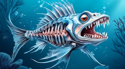 A fearsome illustration of an underwater monster fish with sharp teeth in a deep blue photo