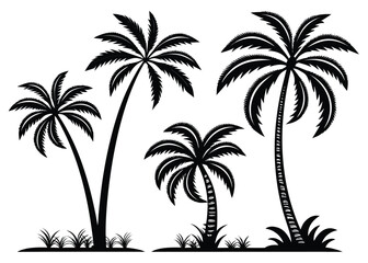 Collection of Black Silhouette Palm Trees with Grass on White Background tropical nature