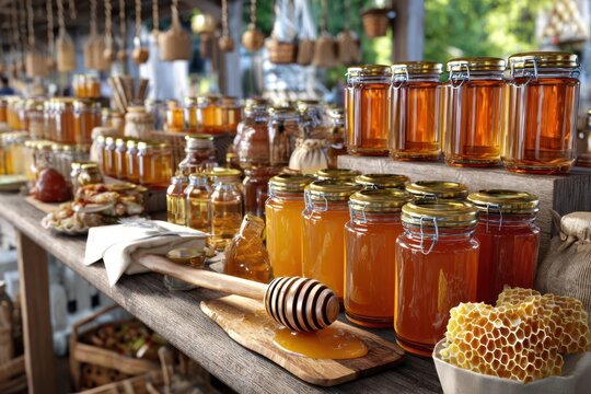 Variety of honey jars and honeycombs displayed at a market during a sunny afternoon