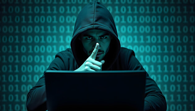 A hooded hacker gestures for silence in front of a binary code background, protecting digital secrets. - Powered by Adobe
