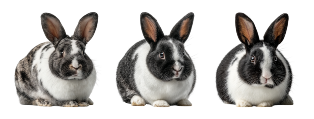 Three Cute Rabbits Sitting on Transparent Background for Stock Use