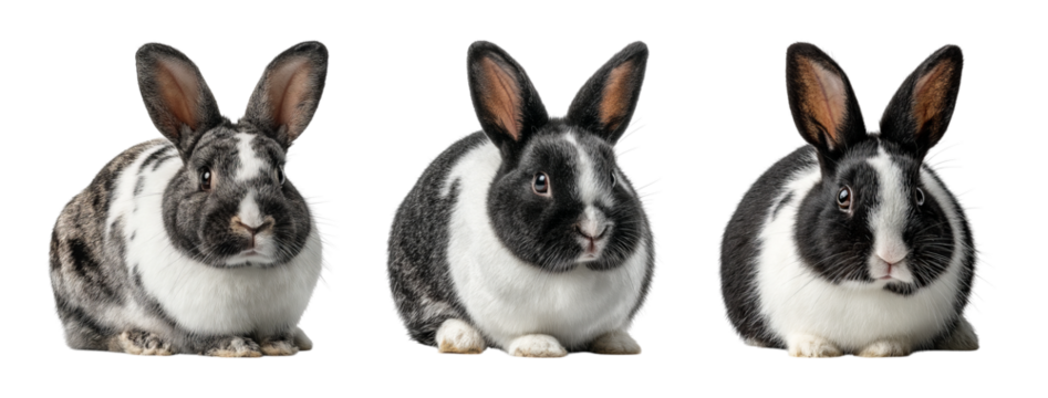 Three Cute Rabbits Sitting on Transparent Background for Stock Use
