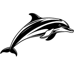 Dolphin vector illustration, side view, isolated on a white background, simple black and white sketch, icon, minimalism, no people, close-up, concept, nature, art