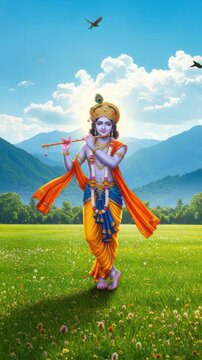 Krishna is playing his flute in a vibrant green field with mountains and birds in the background
