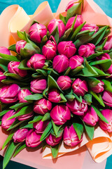 Spring bouquet of pink tulips . Bunch of many colorful fragrant flowers. Floristry and floral design concept. Floral texture