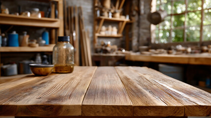 Empty wooden table in a workshop with soft lighting