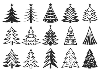 Obraz premium Collection of stylized Christmas trees in black and white silhouette on a white background Keywords: Christmas tree, holiday, festive, winter, decoration, celebration, evergreen, pine, fir, tree