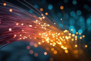 Fiber Optics Network Data Transfer, Glowing, Abstract Background, Technology Concept