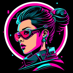 A striking cyberpunk portrait of a woman with vibrant pink and blue hair, wearing futuristic...