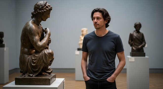 A man with dark hair contemplates a classical bronze sculpture in a modern art gallery.