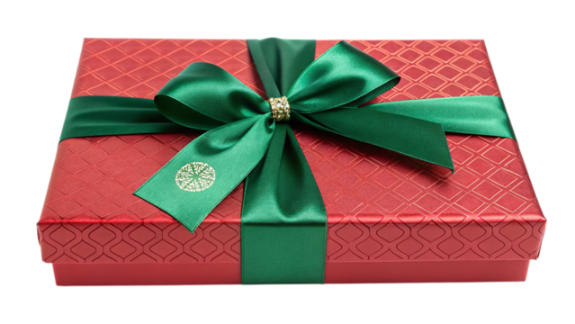 Elegant red gift box with green ribbon and gold embellishments ready for celebration and giving