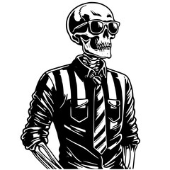 Skeleton wearing sunglasses and shirt isolated on white background