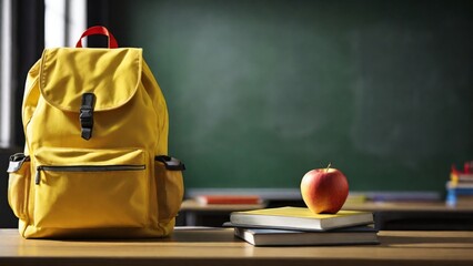 bright yellow backpack standing on a school desk on the left, a stack of books with a red apple on top placed next to it