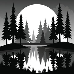 Obraz premium monochrome forest landscape with pine trees and lake reflection at night