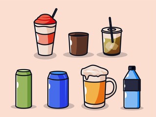 Cute Drink Vector Illustration Set. Cartoon Style Beverage Icons. Coffee, Milk Tea, Soda, Bottle, Juice, Cup and Can. Flat Color Outline Style