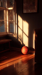 Basketball in Sunlit Room Interior Scene 
