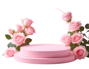 A dreamy pastel circular pink podium with blooming pink roses 